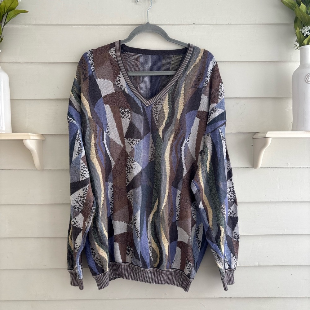 Vintage Abstract Geometric 3D Knit V-Neck Cotton Blend Sweater Men’s XL